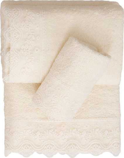Viopros Νο 6 Bridal Towel Set 2pcs with Lace Ecru