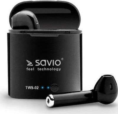 Savio TWS-02 Earbud Bluetooth Handsfree Ακουστικά με Θήκη Φόρτισης Μαύρα