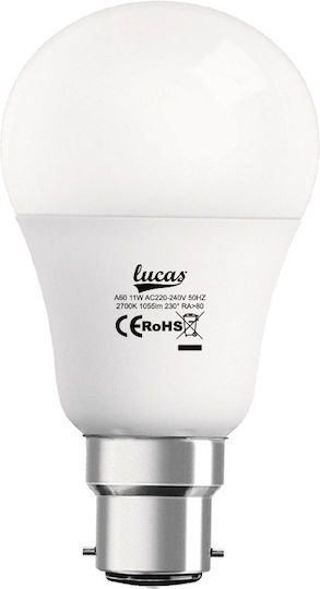 Lucas Λάμπα LED 11W για Ντουί B22 και Σχήμα A60 Θερμό Λευκό 1055lm