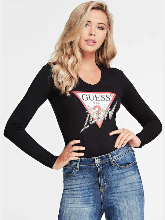 Guess Women's Blouse Cotton Long Sleeve with V Neck Black