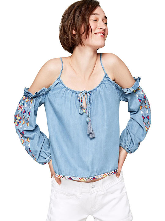 Pepe Jeans Halle Women's Summer Blouse Off-Shoulder Blue