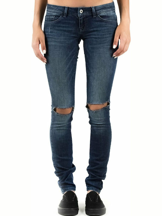 Only Low Waist Women's Jean Trousers with Rips in Skinny Fit Blue Denim