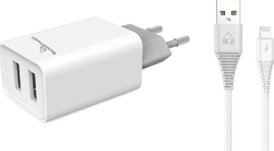 Powertech Powertech Handyladegerät Mit 2 USB-A Ausgangsanschlüsse Und Kabel Lightning Weiß (PT-777)