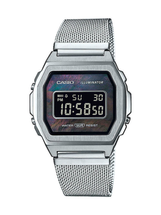 Casio Vintage Iconic Digital Watch Battery with Silver Metal Bracelet