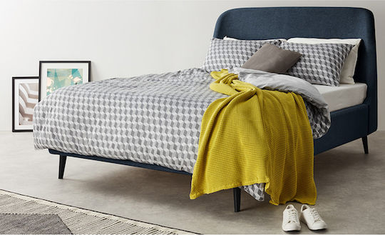 Curvo Bed Queen Upholstered with Fabric Blue for Mattress 160x200cm