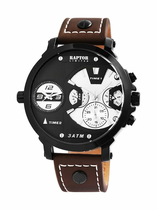 Raptor Ανδρικό Ρολόι 50mm Μπαταρίας με Καφέ Δερμάτινο Λουράκι