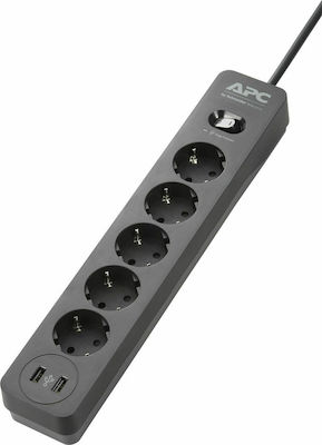 APC Πολύπριζο Ασφαλείας 5 Θέσεων με Διακόπτη, 2 USB και Καλώδιο 1.52m Μαύρο