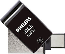 Philips 2-in-1 32GB USB 3.1 Stick cu conexiune USB-C Negru