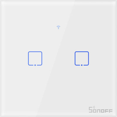 Sonoff T0EU2C-TX Χωνευτός Διακόπτης Τοίχου Wi-Fi για Έλεγχο Φωτισμού με Πλαίσιο και Δύο Πλήκτρα Αφής Φωτιζόμενος Λευκός