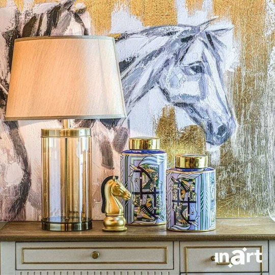 Inart Glass Table Lamp for Socket E27 with Beige Shade and Transparent Base