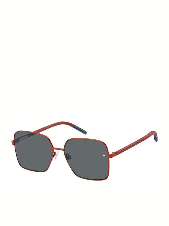 Tommy Hilfiger Women's Sunglasses with Red Metallic Frame and Grey Lenses