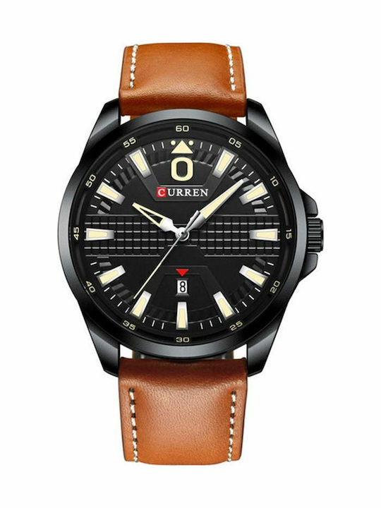 Curren Ανδρικό Ρολόι 47mm Μπαταρίας με Δερμάτινο Λουράκι Black/Tabac