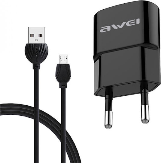 Awei Φορτιστής με Θύρα USB-A και Καλώδιο micro USB Μαύρος (C-13M)