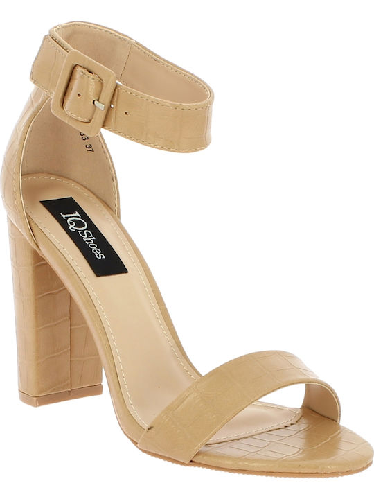 IQ Shoes Women's Sandals LM333 with Ankle Strap Beige with Chunky High Heel