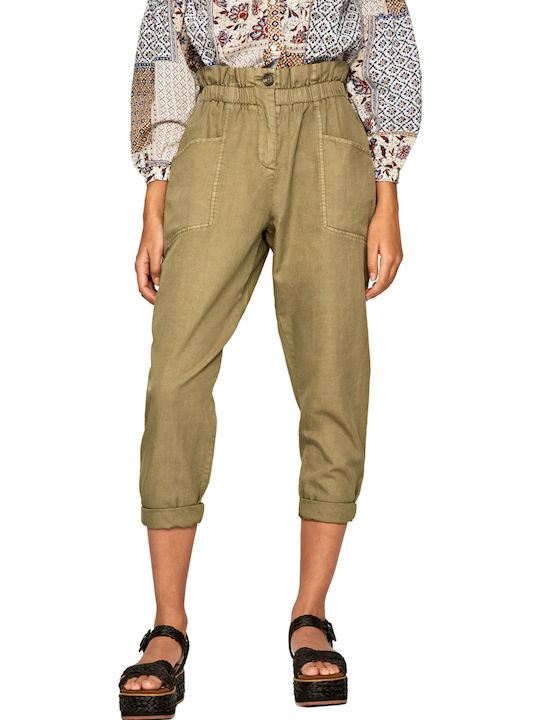 Lia Women's High-waisted Fabric Capri Trousers with Elastic Regular Fit Khaki