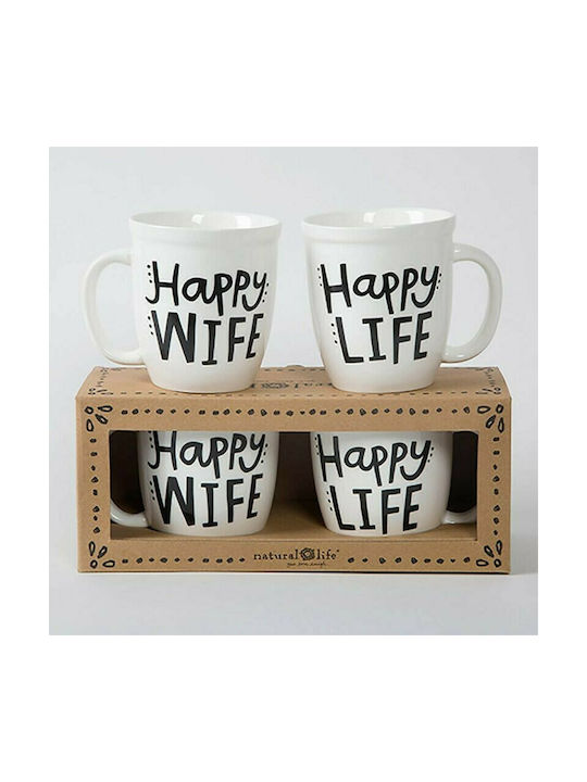 Natural Life Happy Wife- Happy Life Ceramic Cup White 440ml 2pcs