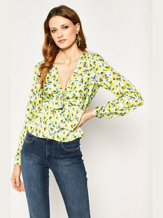 Guess Bluza de Damă de Vară Mânecă lungă cu Decolteu în V Floral Verde