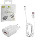 Lime Φορτιστής με Θύρα USB-A και Καλώδιο USB-C 21W Quick Charge 3.0 Λευκός (LTU24)
