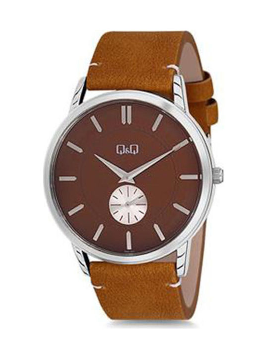 Q&Q Watch Battery with Brown Leather Strap QA60...