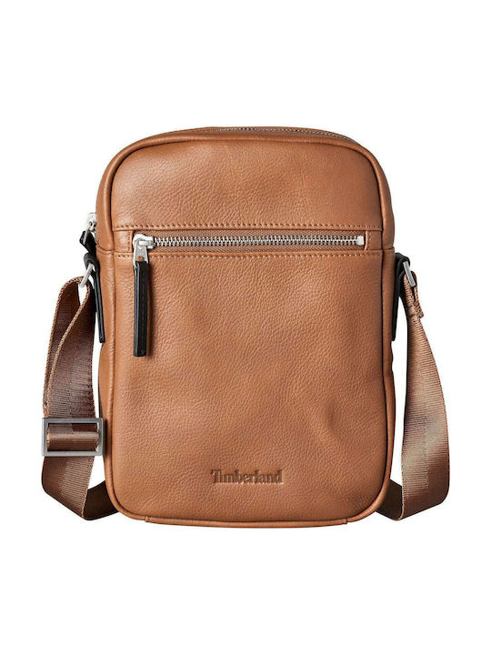 Timberland Leather Shoulder / Crossbody Bag Tuckerman Small with Zipper, Internal Compartments & Adjustable Strap Tabac Brown 23x5x25cm