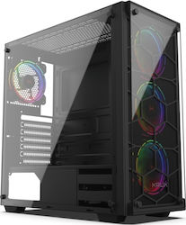 Krux Leda Гейминг Midi Tower Компютърна кутия със странично прозорче и RGB осветление Черно