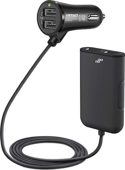 AMiO Încărcător Auto 4.8A cu Porturi: 4xUSB împreună cu Cablu Integrat Negru Culoare