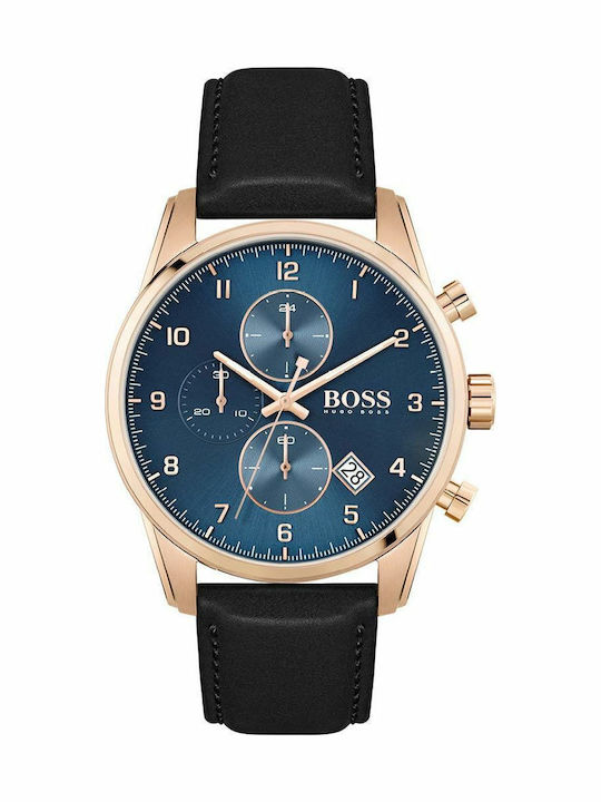 Boss Skymaster Мъжки Часовник 44 мм Хронограф На Батерия с Черна Кожена Каишка