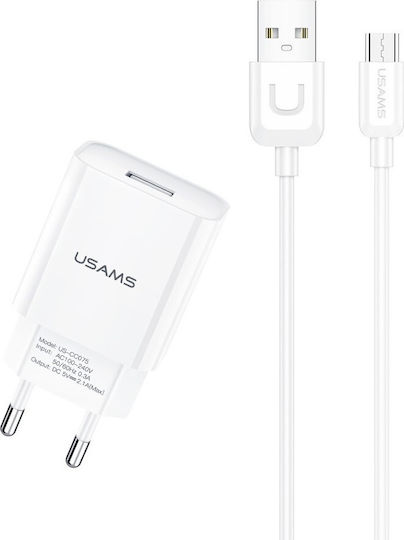 Usams Ladegerät mit USB-A Anschluss und Kabel Micro-USB Weißs (T21)