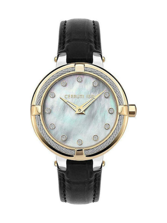 Cerruti Gardena Crystals Watch with Black Leather Strap