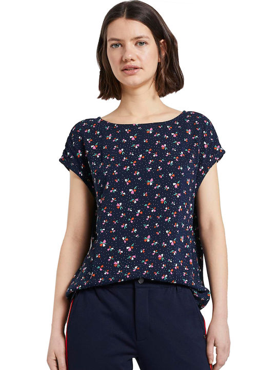 Tom Tailor Damen Sommer Bluse Kurzärmelig Blumen Marineblau