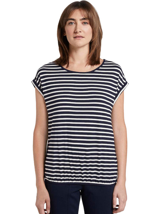 Tom Tailor Damen Sommer Bluse Kurzärmelig Gestreift Marineblau