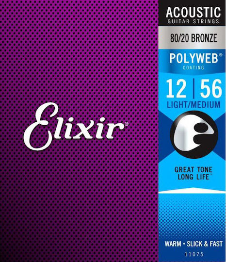 Elixir Set of 80/20 Bronze Strings for Acoustic Guitar Polyweb Light/Medium 12 - 56"