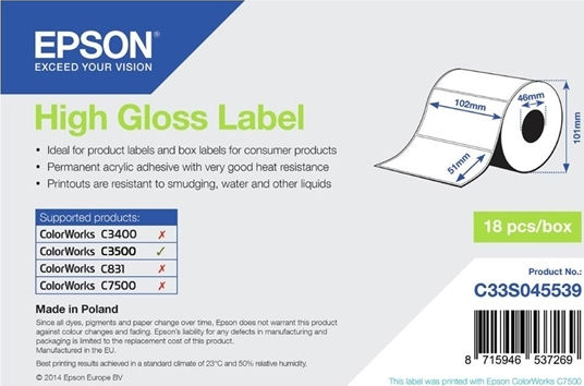 Epson High Gloss 610 Self-Adhesive Label Rolls for Label Printer 102x51mm 1pcs