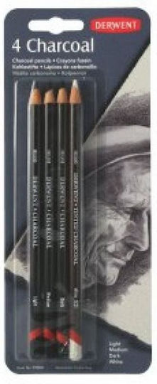 Derwent Charcoal 4 Coal Pencil Set with Eraser Black 4pcs