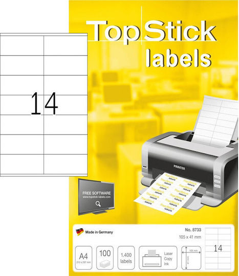 Topstick 1400 Αυτοκόλλητες Ετικέτες Α4 Ορθογώνιες 105x41mm