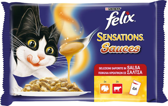 Felix Wet Cat Food for Adult Cats in Pouches with Turkey and Beef 4x100gr