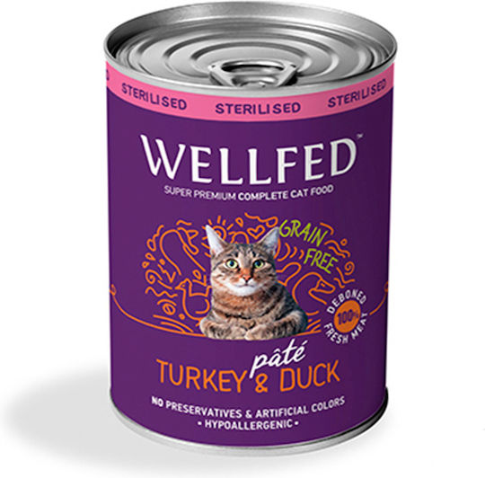 Wellfed Sterilized Nassfutter für Erwachsene Katzen in Dose mit Türkei und Ente ohne Getreide 400gr