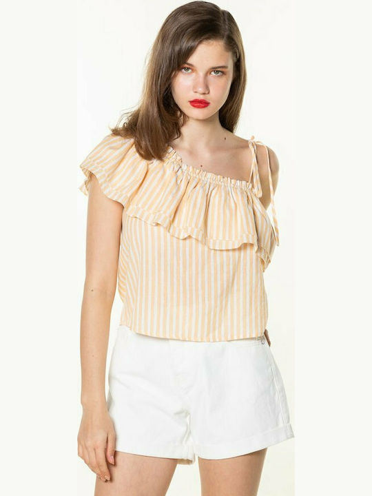 Pepe Jeans Veronika Damen Sommerliches Crop Top mit einem Schulter Gestreift Beige