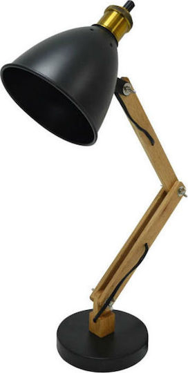 Ankor Wood Vintage Table Lamp for Socket E27 with Black Shade and Brown Base