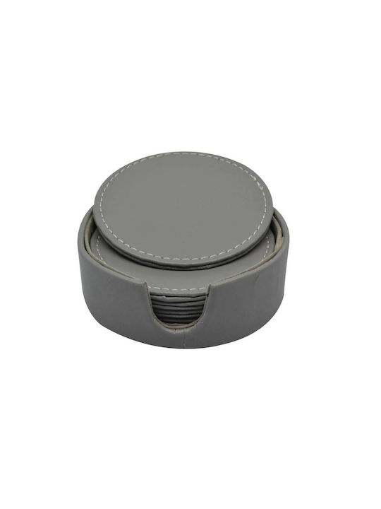 Ankor Round PU Gray Coasters with Stand 10cm 6pcs