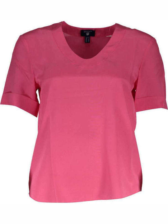 Gant Women's Cotton Blouse Short Sleeve with V Neck Fuchsia