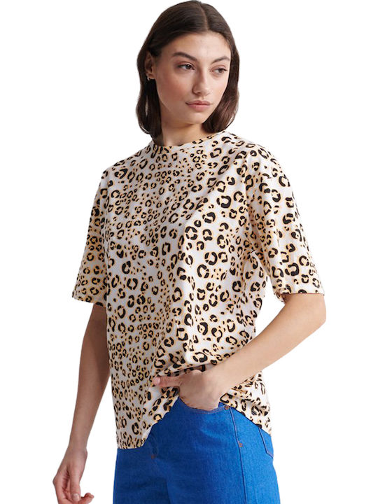 Superdry Desert Leopard De vară Femeie Bluză Mâneci scurte Bej