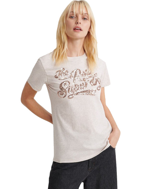 Superdry Real Sequin Γυναικείο T-shirt Μπεζ