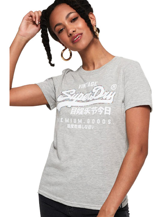 Superdry Premium Goods Rhinestone Crack Women's T-shirt Gray