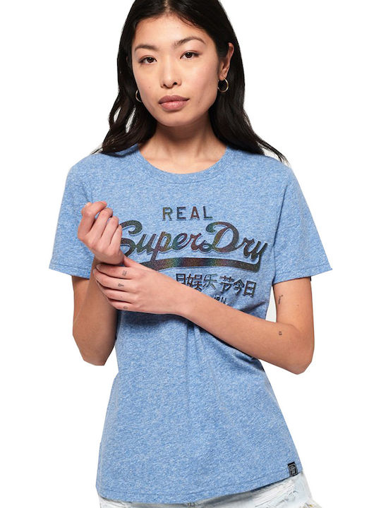 Superdry V Logo Glitter Emboss Femeie Tricou cu Decolteu în V Albastru deschis