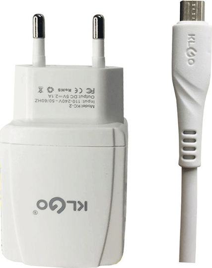 KLGO Charger with USB-A Port and Cable micro USB Whites (KC-2)