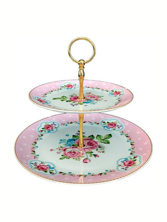 Porcelain Dessert Tower Stand with 2 Tiers Dream Garden Pink Ø27cmxY24cm