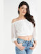 Guess Women's Summer Crop Top Off-Shoulder with 3/4 Sleeve White