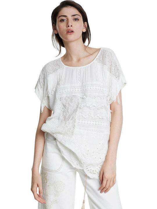 Desigual Como Women's Summer Blouse Short Sleeve White