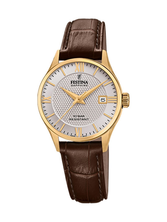 Festina Retro Damen Uhr mit Braun Lederarmband